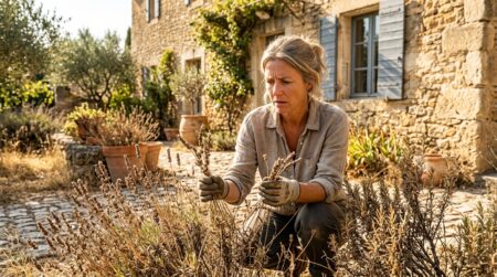 Femme inspectant des plantes sèches près de sa maison