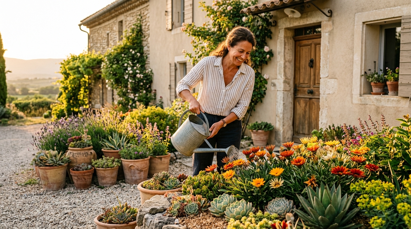 Femme arrosant des plantes résistantes à la sécheresse