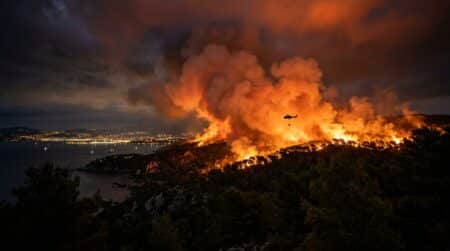 Fumée orange et flammes envahissant la forêt la nuit