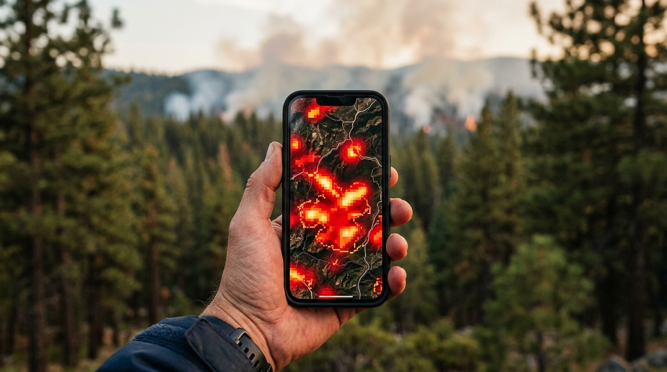 Main tenant un smartphone affichant une carte satellite de feux