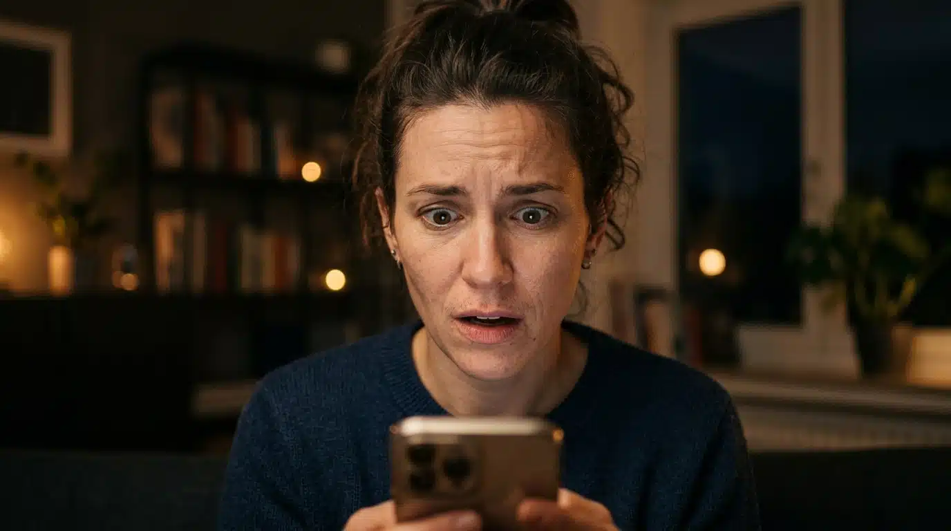 Homme surpris devant un écran de smartphone la nuit