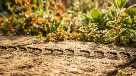 File de fourmis marchant en ligne au soleil