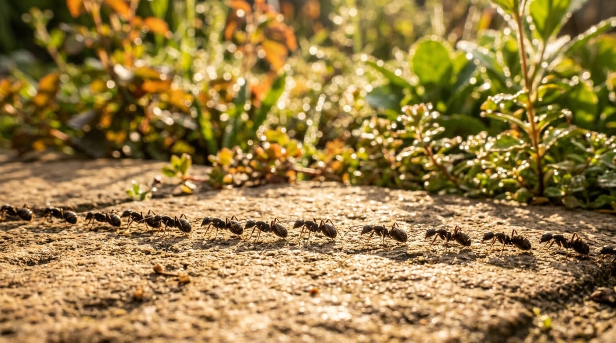 File de fourmis marchant en ligne au soleil