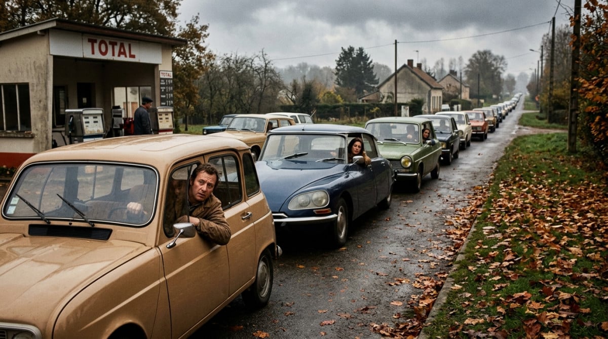 File de voitures devant une station-service pendant le choc pétrolier de 1973