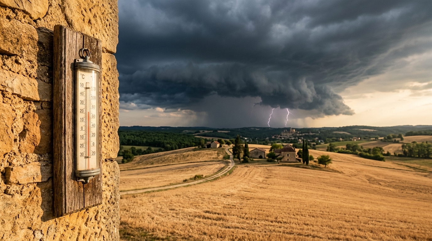 Nuage d'orage sombre au-dessus de champs asséchés