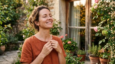 Femme souriante les yeux fermés sous une lumière dorée