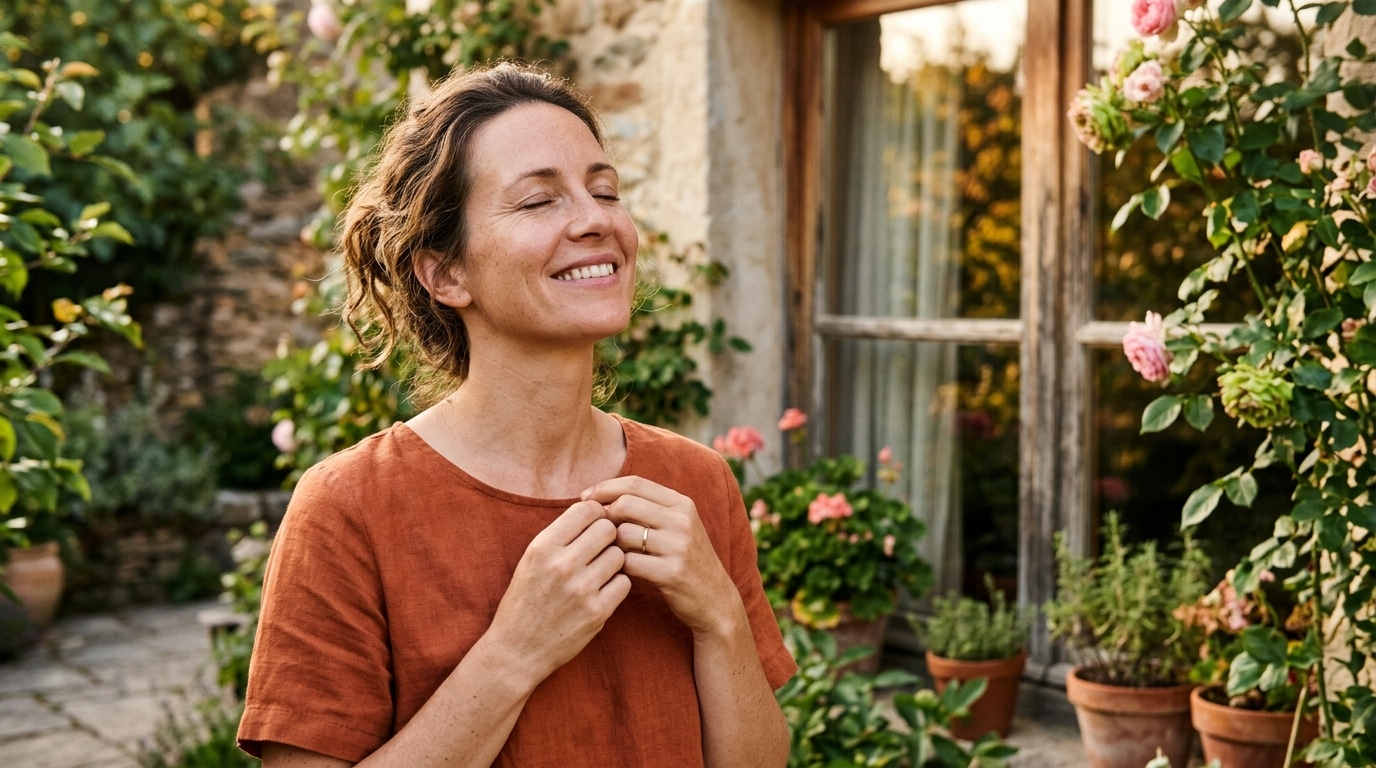 Femme souriante les yeux fermés sous une lumière dorée