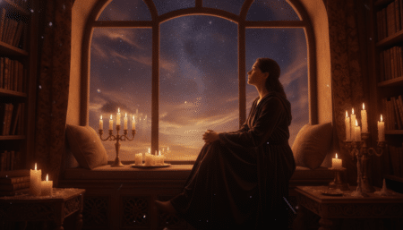 Personne pensive regardant le ciel étoilé à la lumière dorée