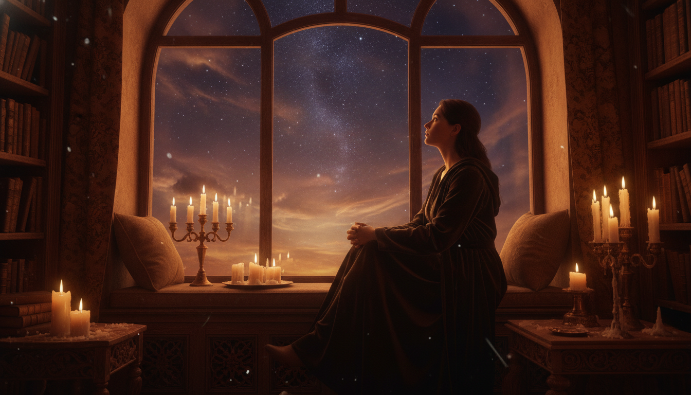 Personne pensive regardant le ciel étoilé à la lumière dorée