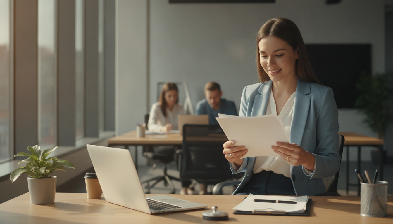 Femme soulagée ouvrant une lettre importante au bureau