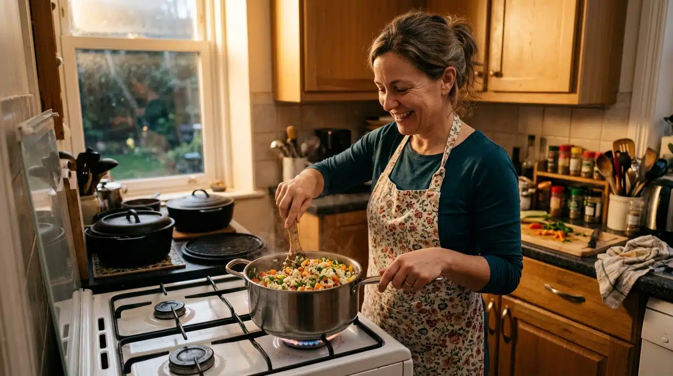 Femme préparant un plat de riz économique en cuisine
