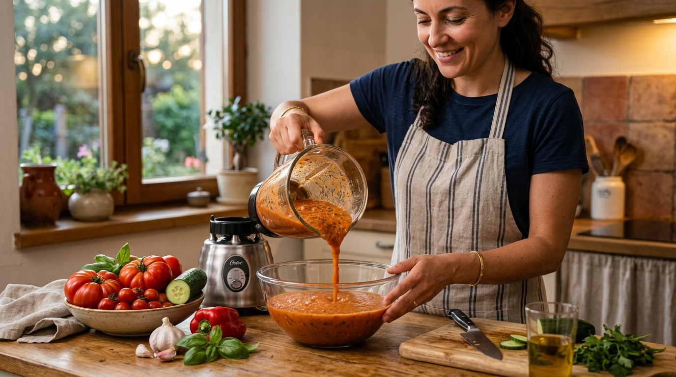 Gaspacho maison préparé avec des restes de légumes
