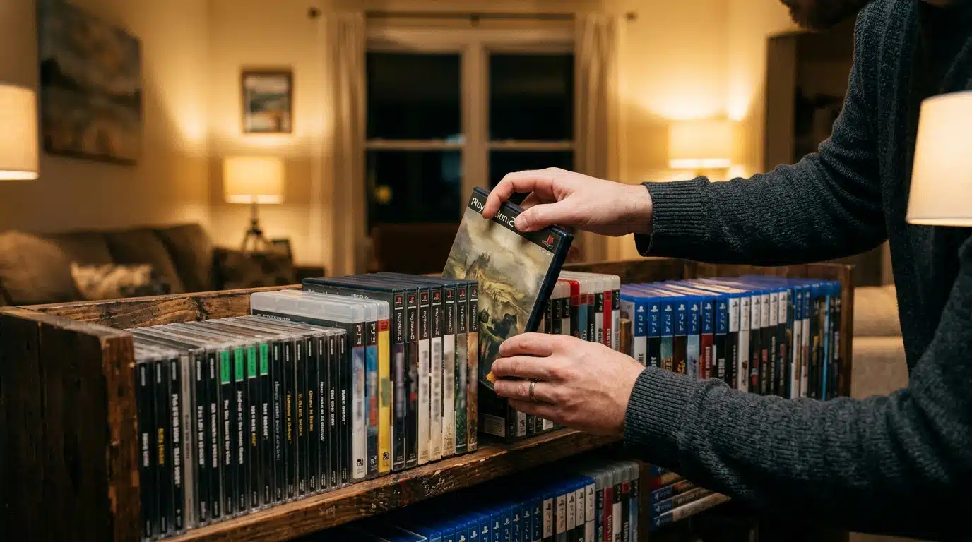 Étagère de boîtiers de jeux vidéo avec disques Blu-ray