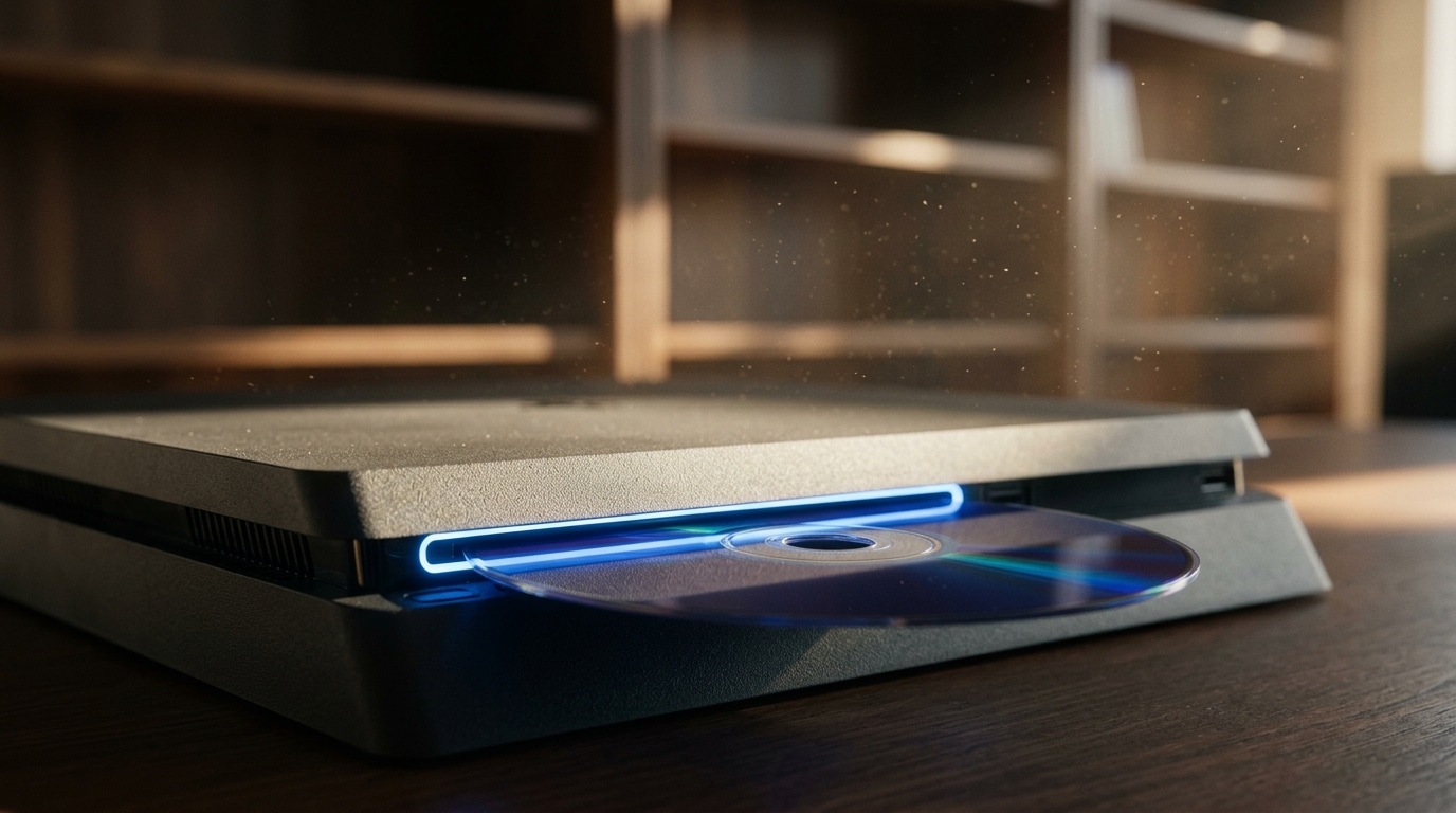 Gros plan sur un disque de jeu inséré dans une console