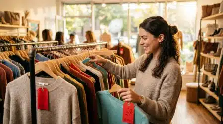 Femme souriante devant un rayon de vêtements soldés