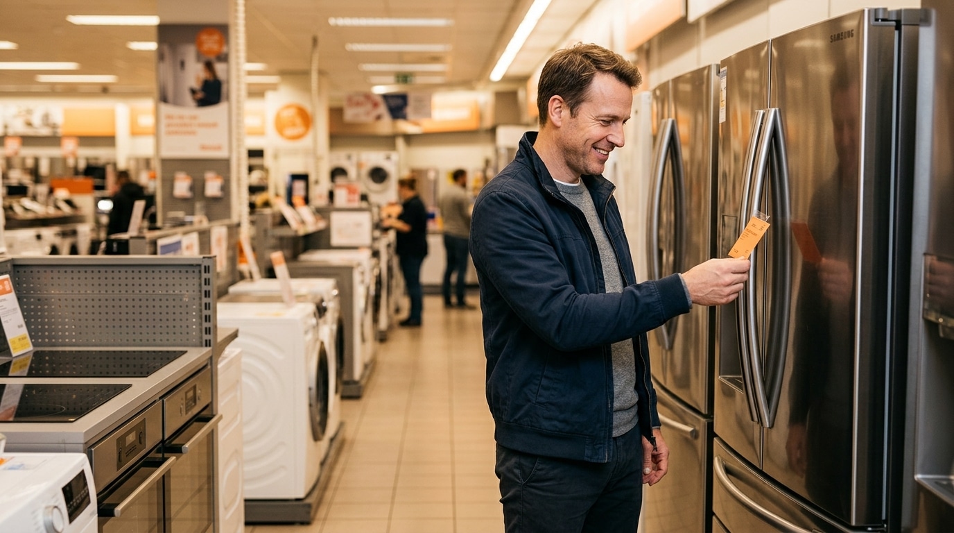 Homme vérifiant le prix d'un réfrigérateur en soldes