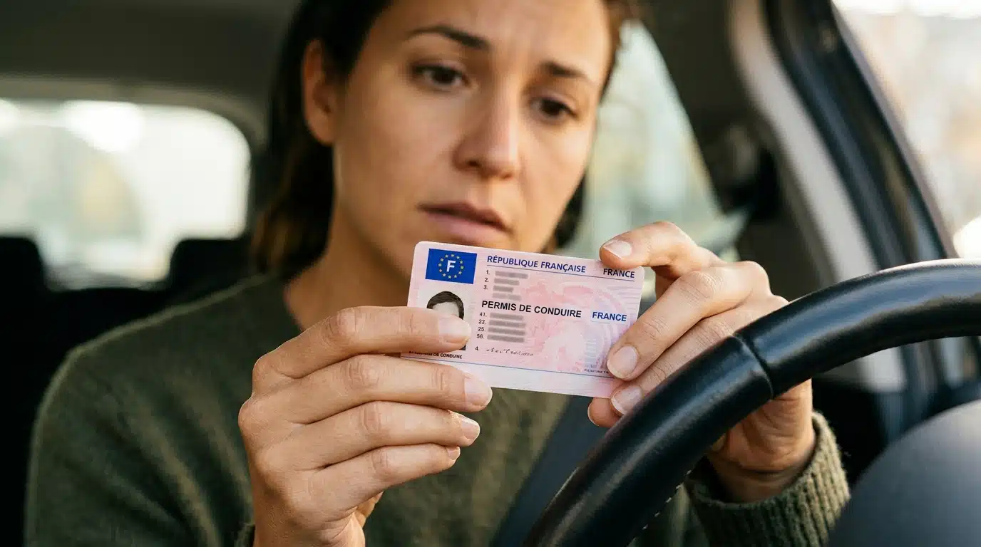 Conducteur tenant son permis de conduire près du volant