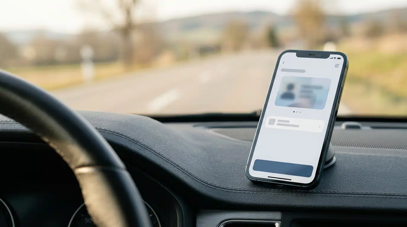 Smartphone affichant une application de portefeuille numérique dans une voiture