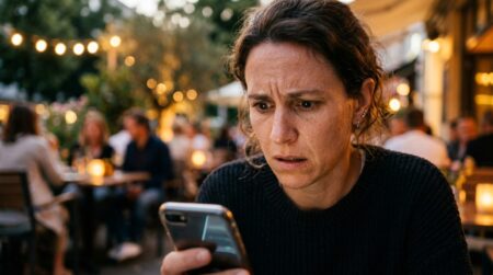 Personne inquiète consultant son application bancaire le soir