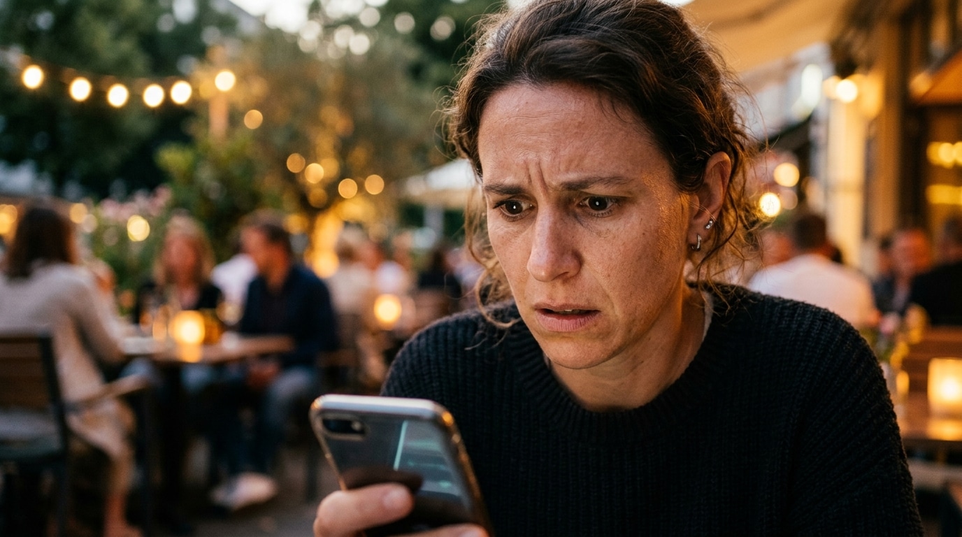 Personne inquiète consultant son application bancaire le soir