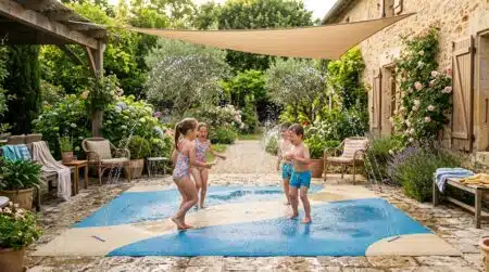 Jets d'eau sur dalle de terrasse avec voile d'ombrage