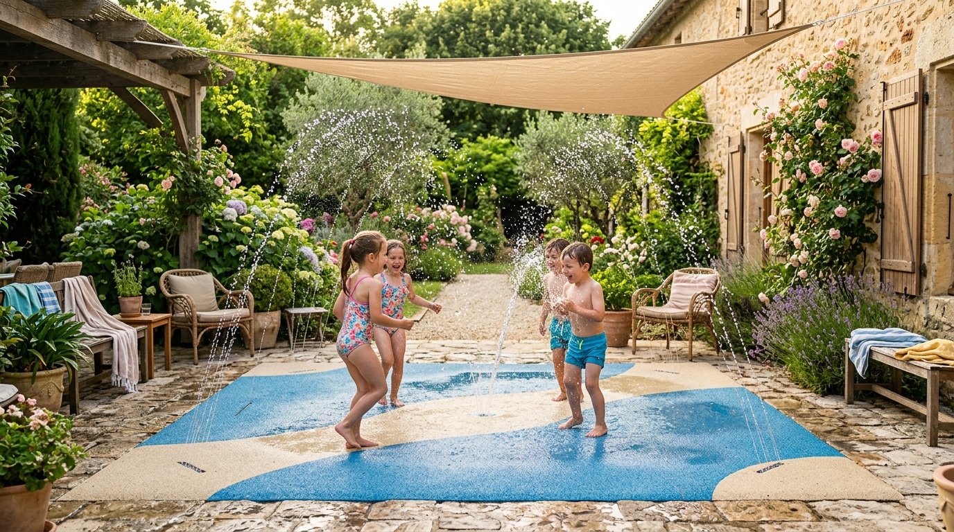 Jets d'eau sur dalle de terrasse avec voile d'ombrage