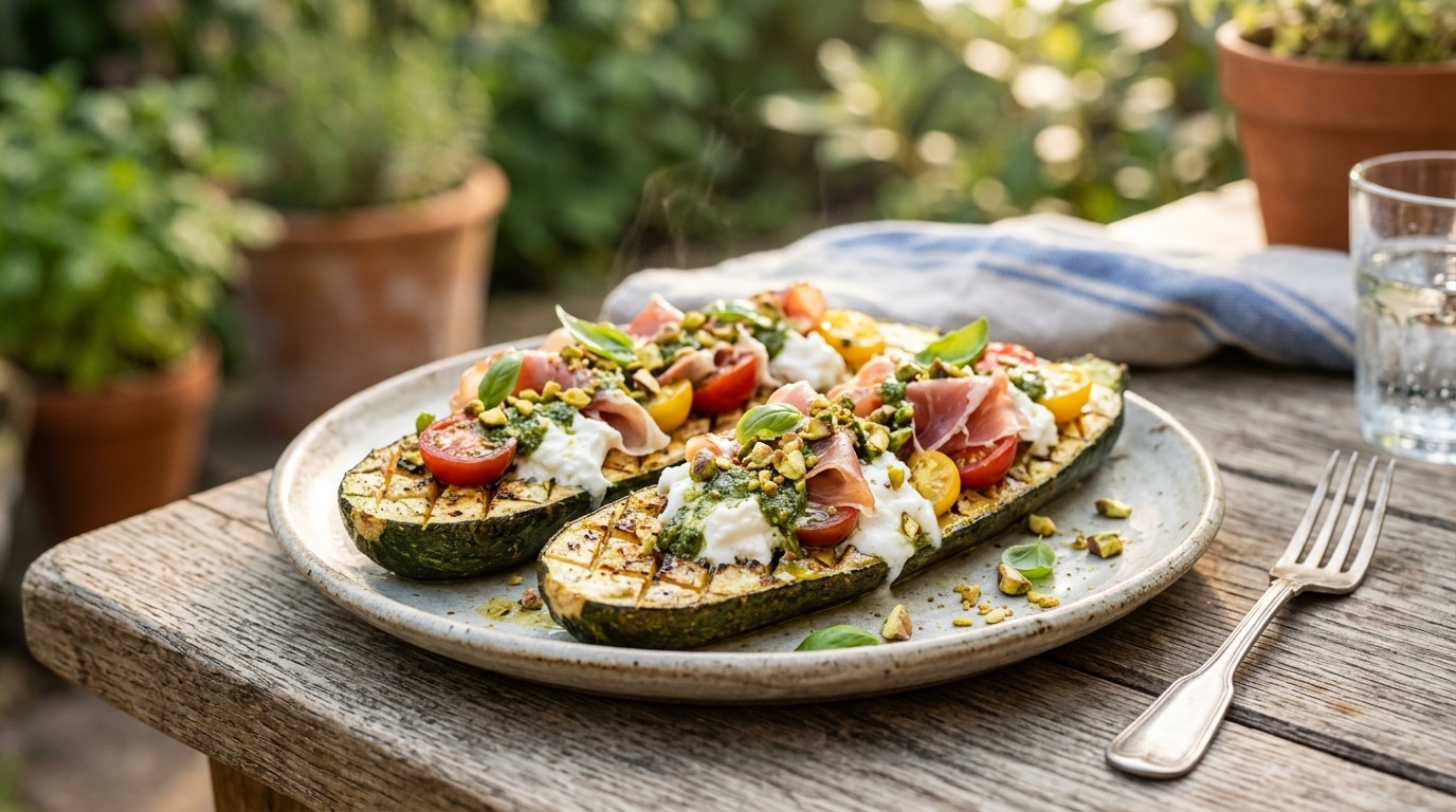 Courgettes farcies au pesto et stracciatella sur table en bois