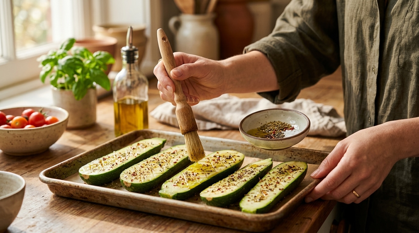 Mains badigeonnant des courgettes crues d'huile d'olive