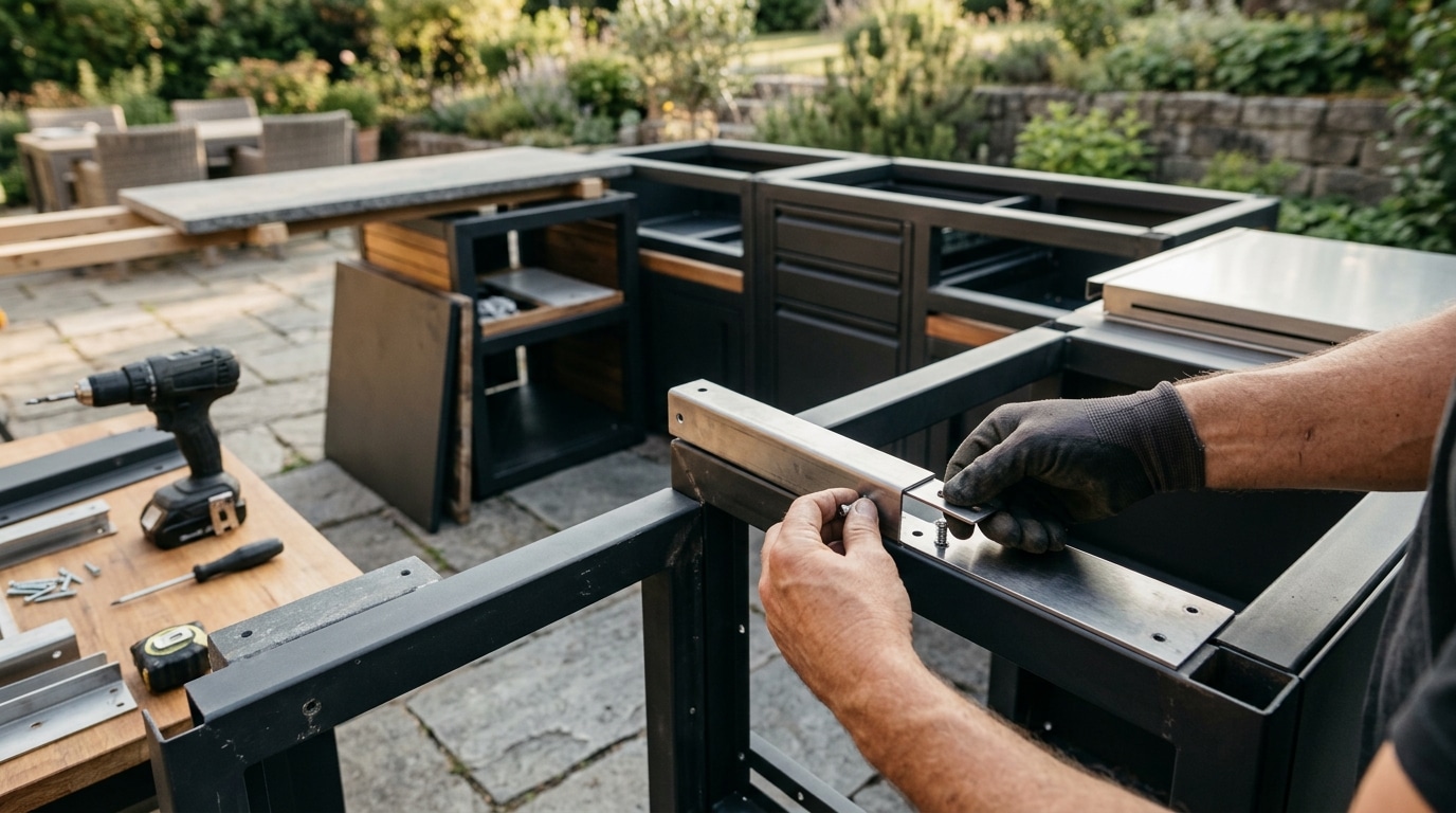 Assemblage de modules de cuisine extérieure sur terrasse