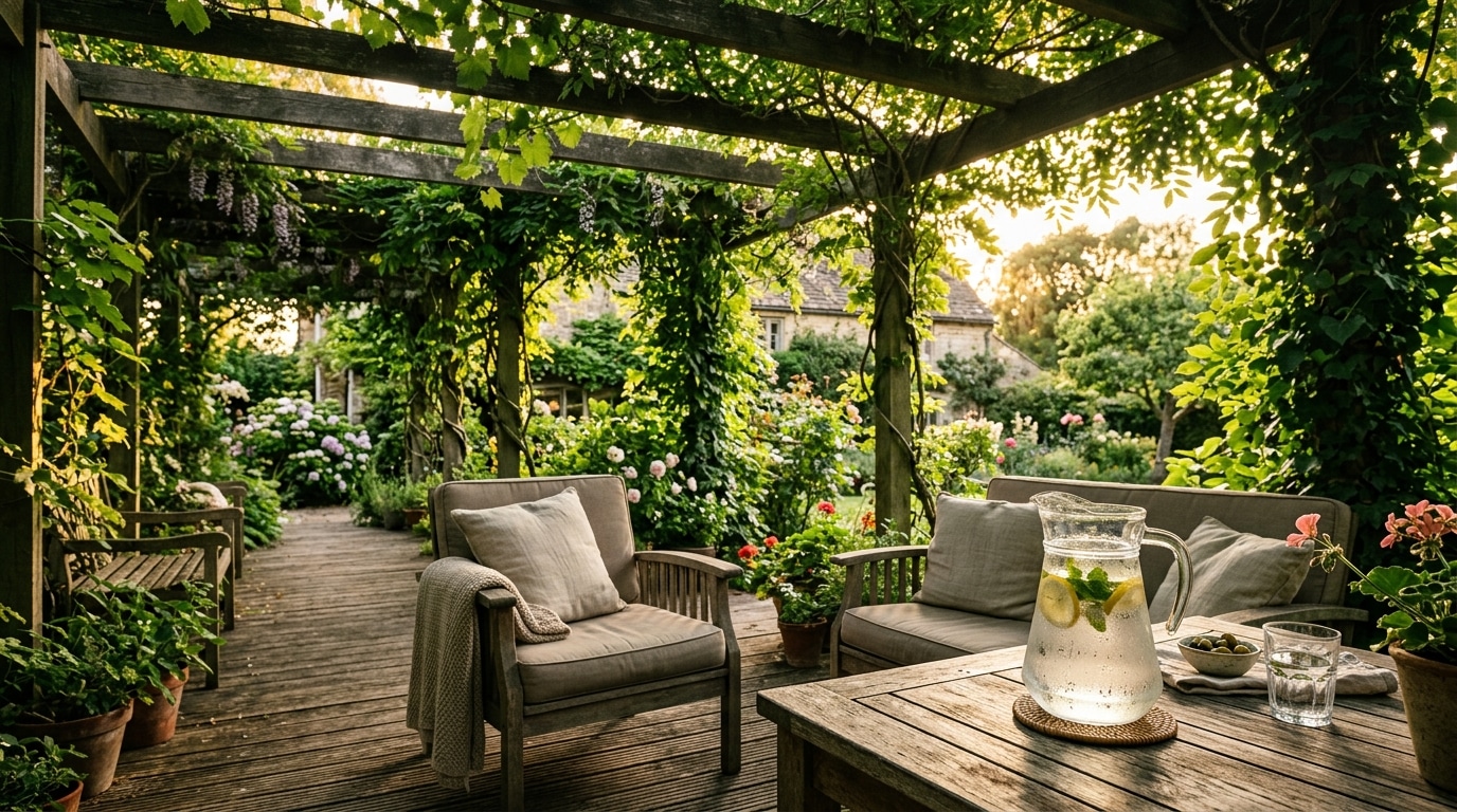 Pergola en bois recouverte de plantes grimpantes verdoyantes