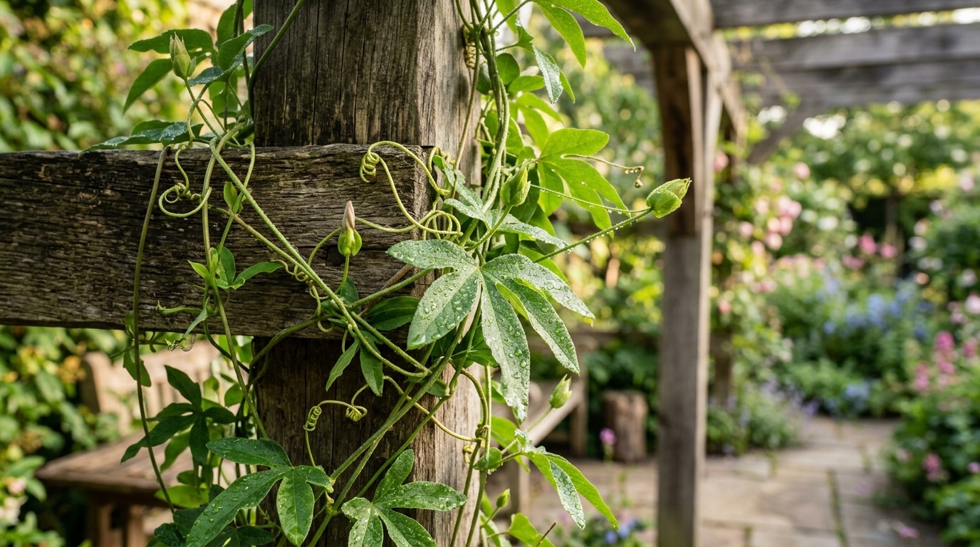 Gros plan sur des feuilles grimpantes couvrant une pergola