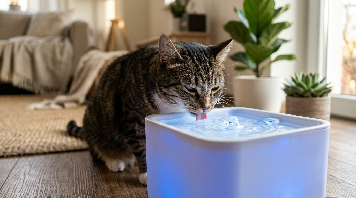 Chat buvant à une fontaine à eau LED moderne