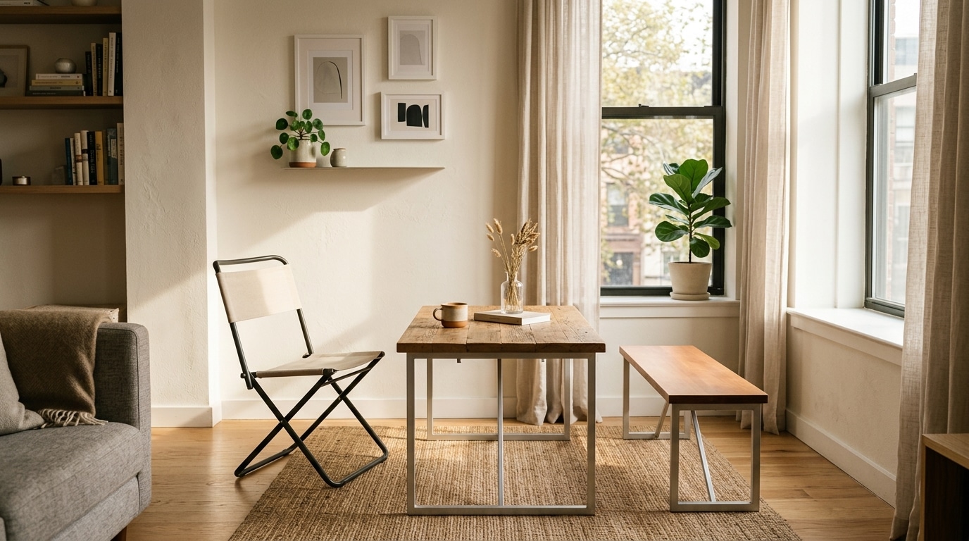 Salon minimaliste avec meubles pliables et légers