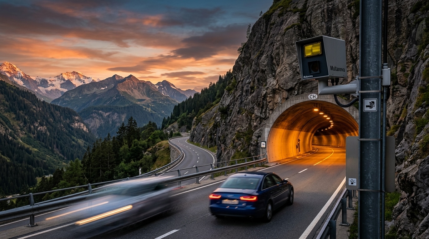 Radar routier à la sortie d'un tunnel de montagne