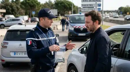 Gendarme échangeant avec un automobiliste sur une aire d'autoroute