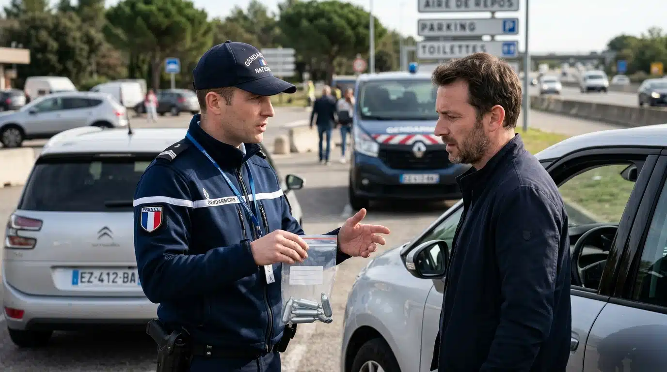 Gendarme échangeant avec un automobiliste sur une aire d'autoroute