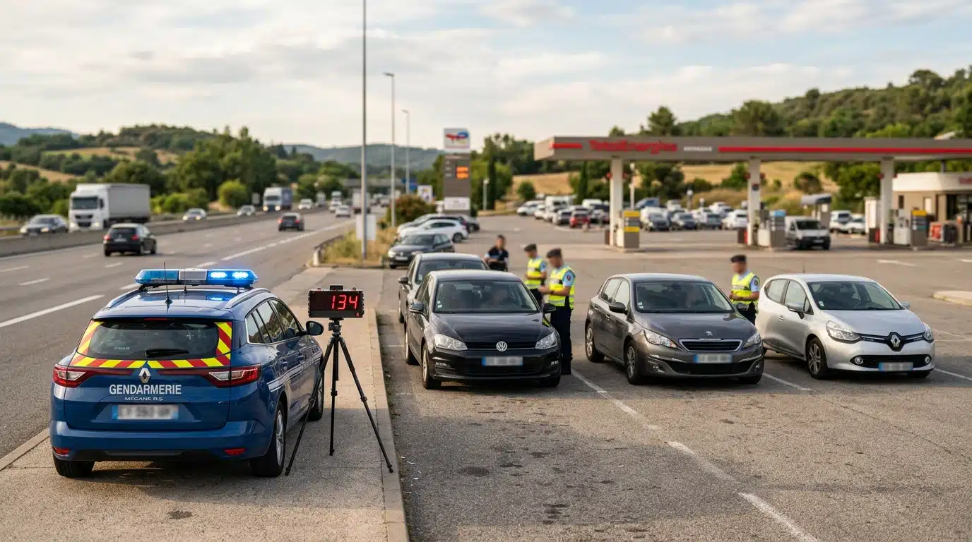 Aire d'autoroute avec véhicule de gendarmerie et contrôle routier