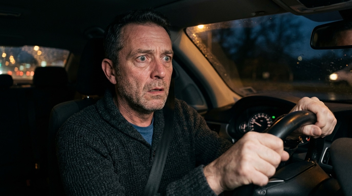 Automobiliste au volant l'air inquiet et choqué