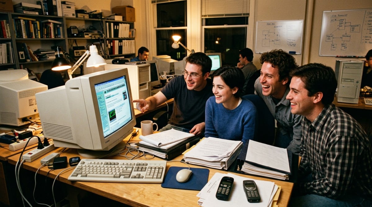 Fondateurs de Shazam dans un bureau des années 1990