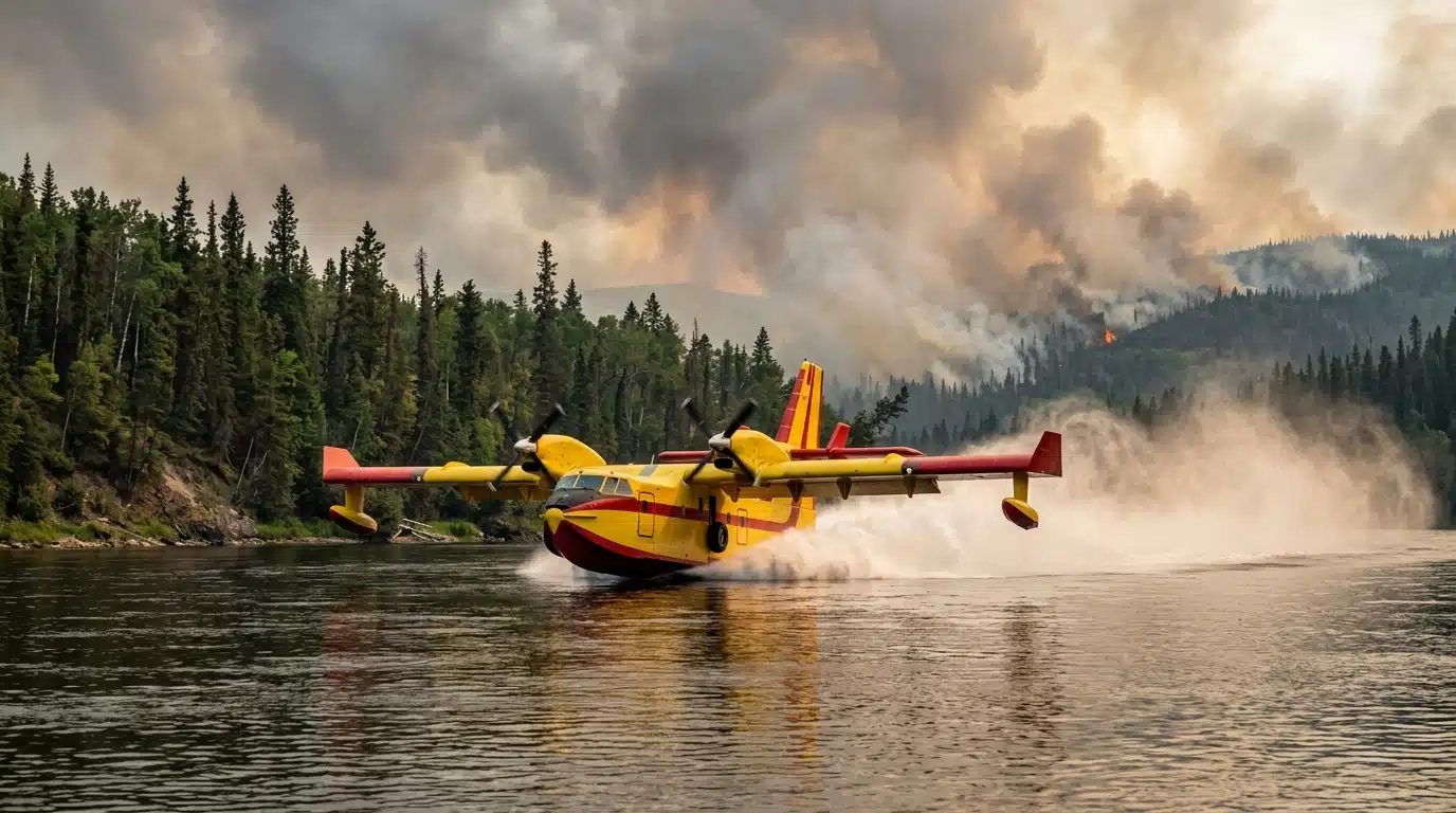 Canadair écopant de l'eau sur la Seine en urgence