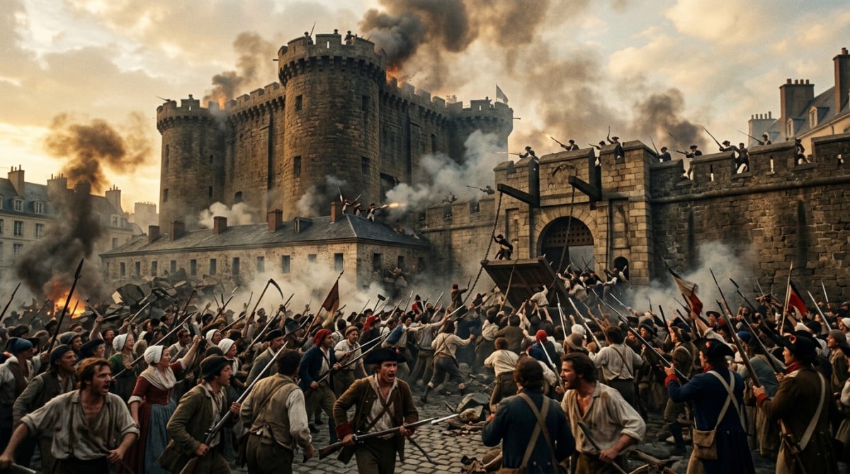 Foule révolutionnaire prenant d'assaut la Bastille en 1789