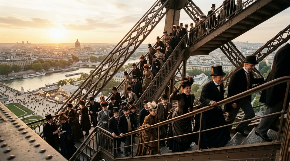 Foule visitant la tour Eiffel en 1889