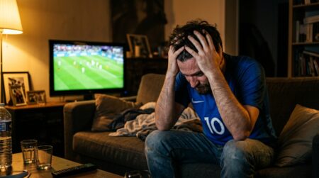 Supporter français dépité devant la télévision après le match