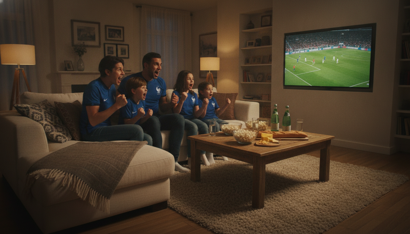 Famille française regardant le match des Bleus depuis leur salon