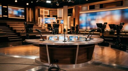 Plateau de télévision vide avec micros et écrans