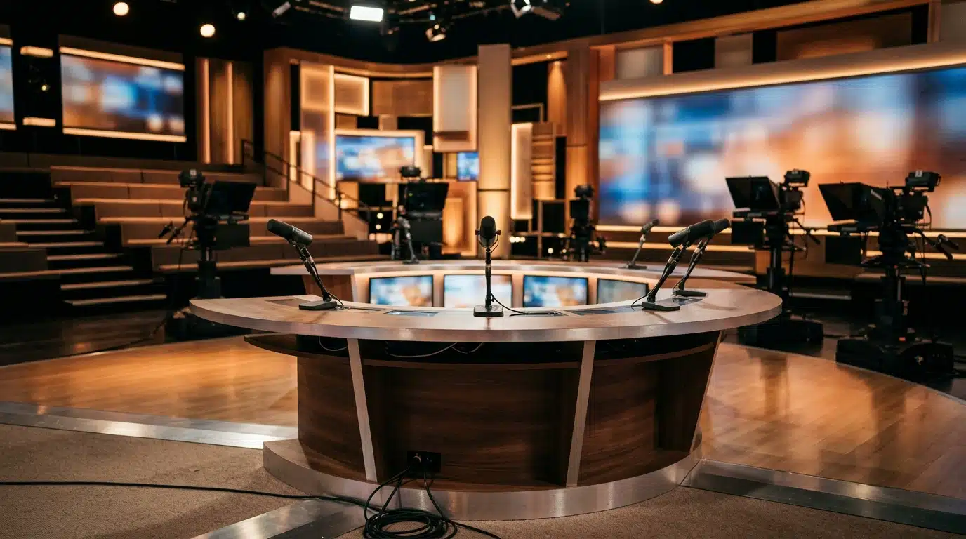 Plateau de télévision vide avec micros et écrans