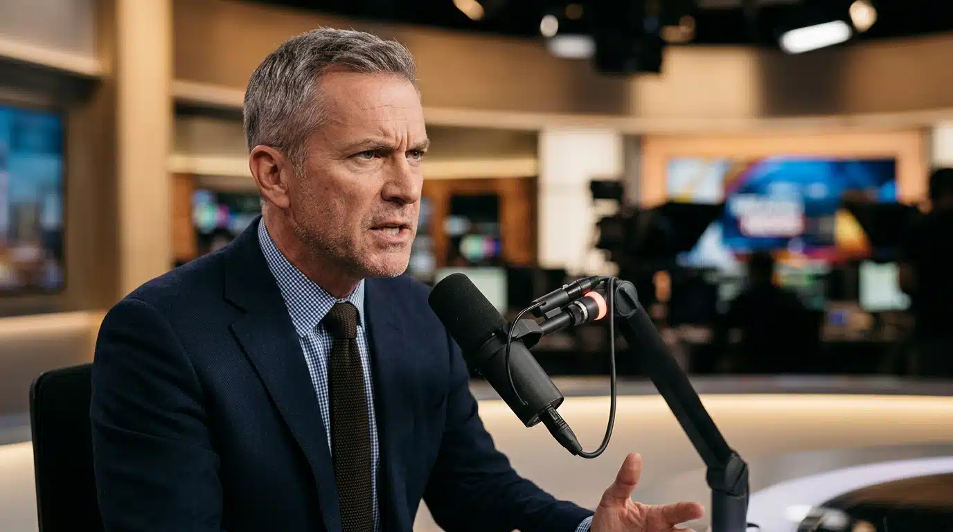 Portrait d'un commentateur télé à l'expression indignée