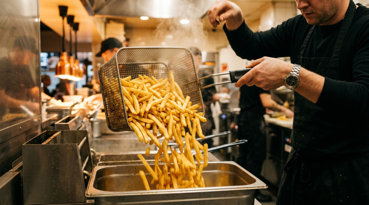 Frites dorées et croustillantes sortant de la friteuse