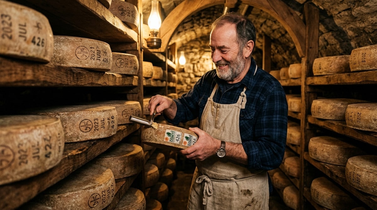 Fromager examinant une meule de comté en cave