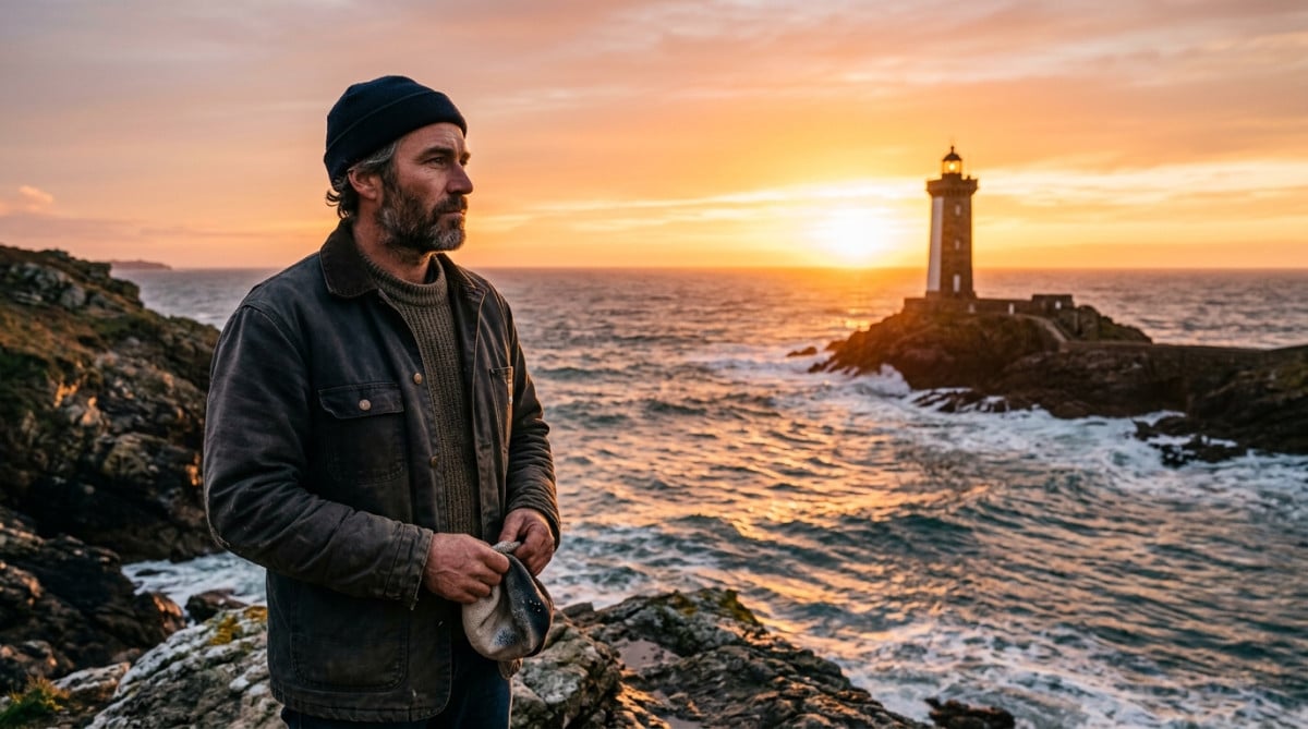 Gardien de phare breton au coucher du soleil sur la côte